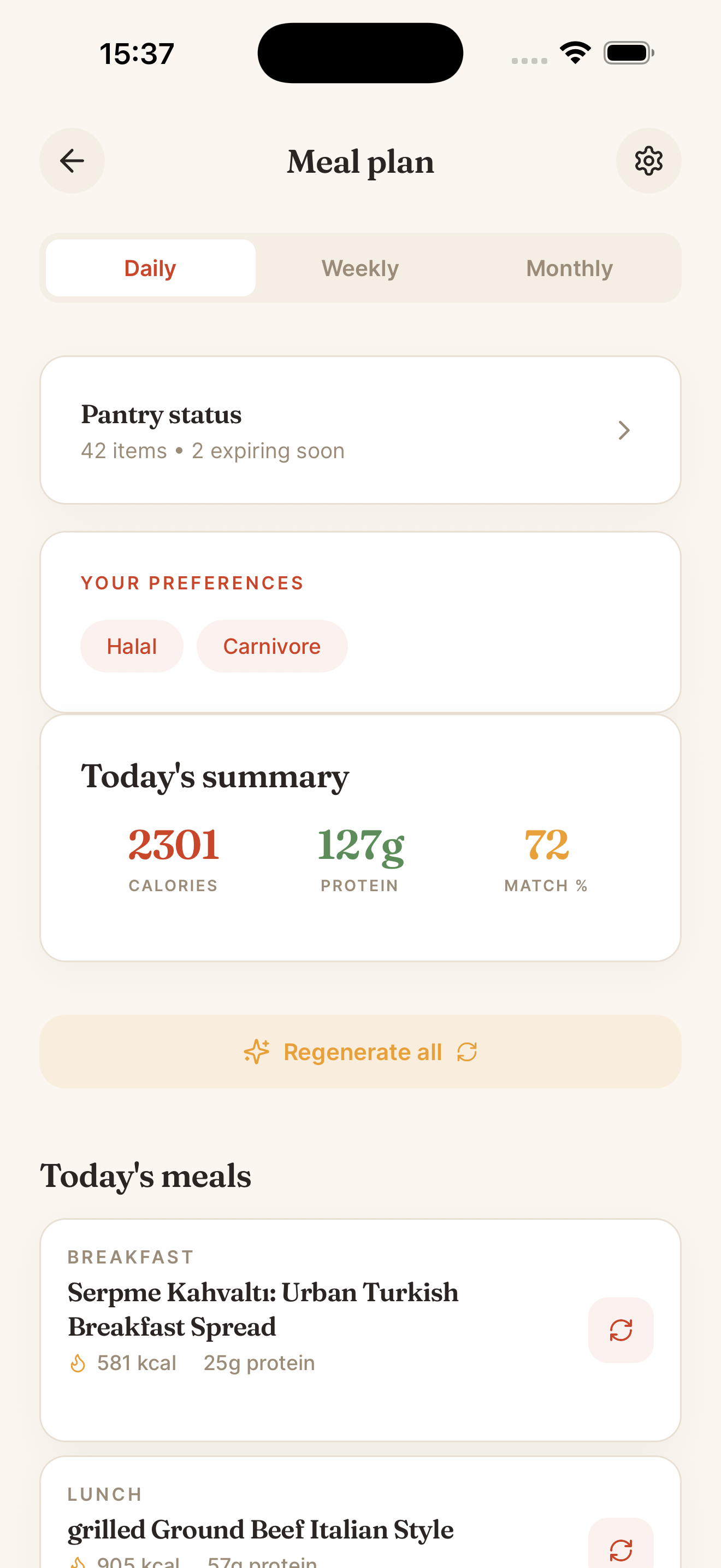 Stovd meal plan — a balanced day of meals with calories and macros