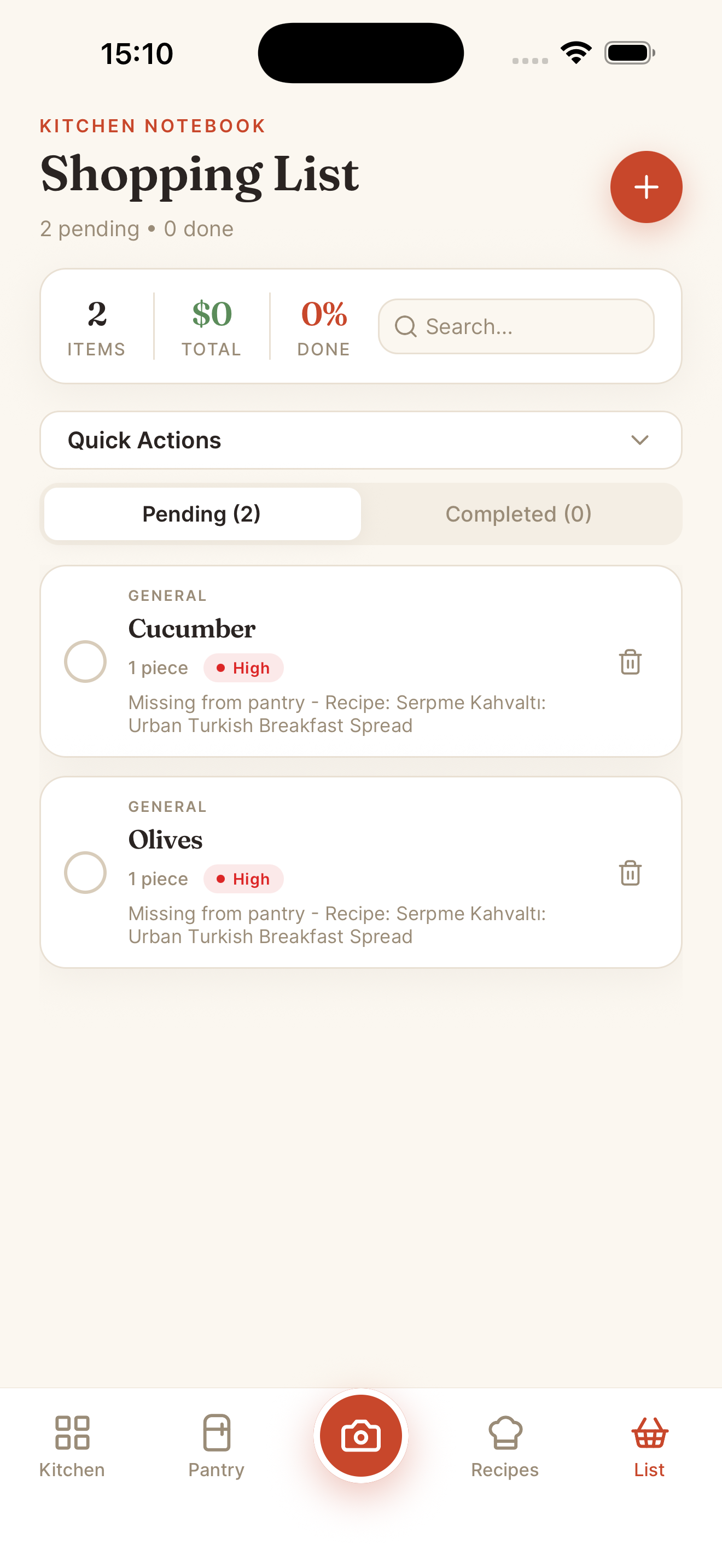 Stovd shopping list — auto-built from the recipes you choose